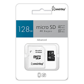 MicroSD 128Gb SmartBuy 10 UHS-I U3 V30 A1 90/55Mb/s +SD adapter